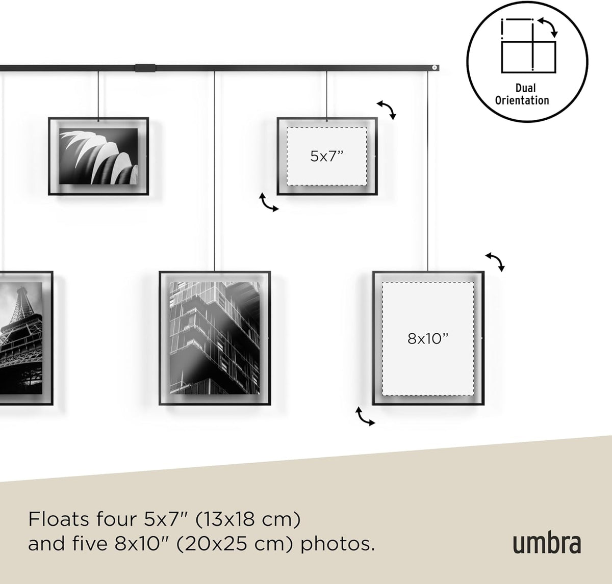 Umbra Exhibit Picture Frame Gallery Set, Adjustable Wall Collage Displays Nine Photos (Four 5x7" and Five 8x10"), Set of 9, Black
