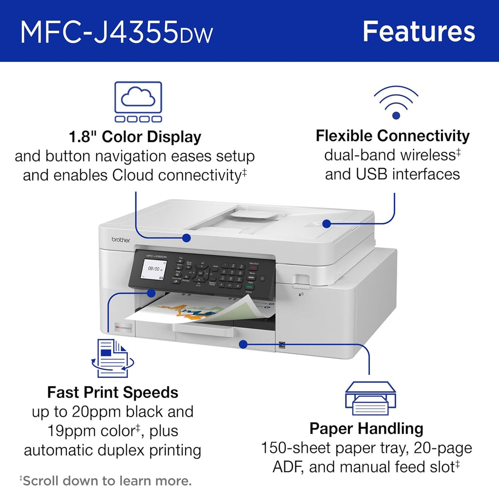 Brother INKvestment 4355 Wireless Color Inkjet All-in-One Printer with 1.8” Color Display and Manual Feed Slot | Includes Refresh Subscription Trial(1) (MFC-J4355DW)