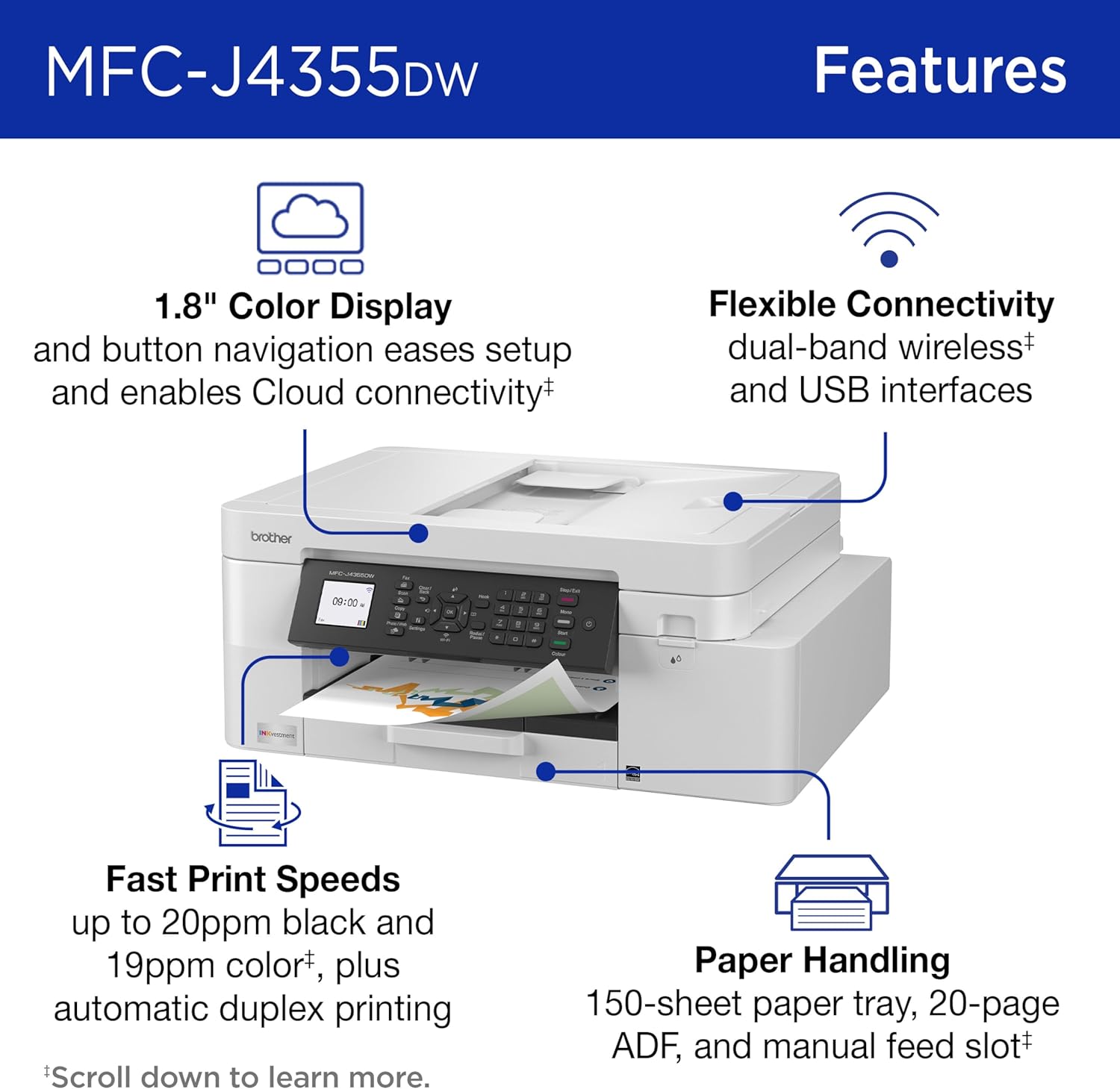 Brother INKvestment 4355 Wireless Color Inkjet All-in-One Printer with 1.8” Color Display and Manual Feed Slot | Includes Refresh Subscription Trial(1) (MFC-J4355DW)