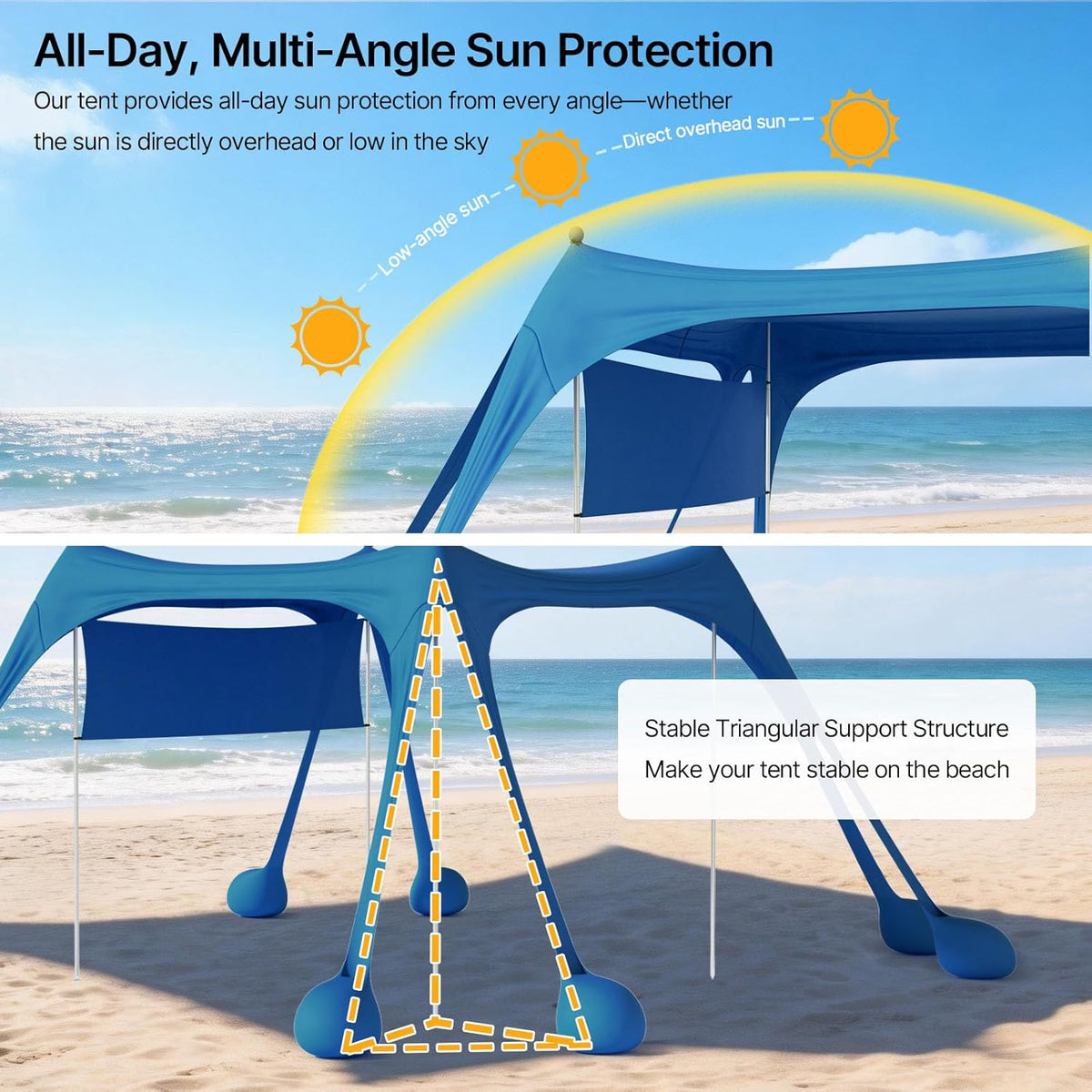 Suteck Beach Tent Sun Shelter with Sidewall, Easy Set Up 10x10ft Beach Canopy, Outdoor Sun Shade with UPF 50+UV Protection, 8 Sandbags, 4 Stability Poles for Camping, Fishing or Picnics(Navy Blue)