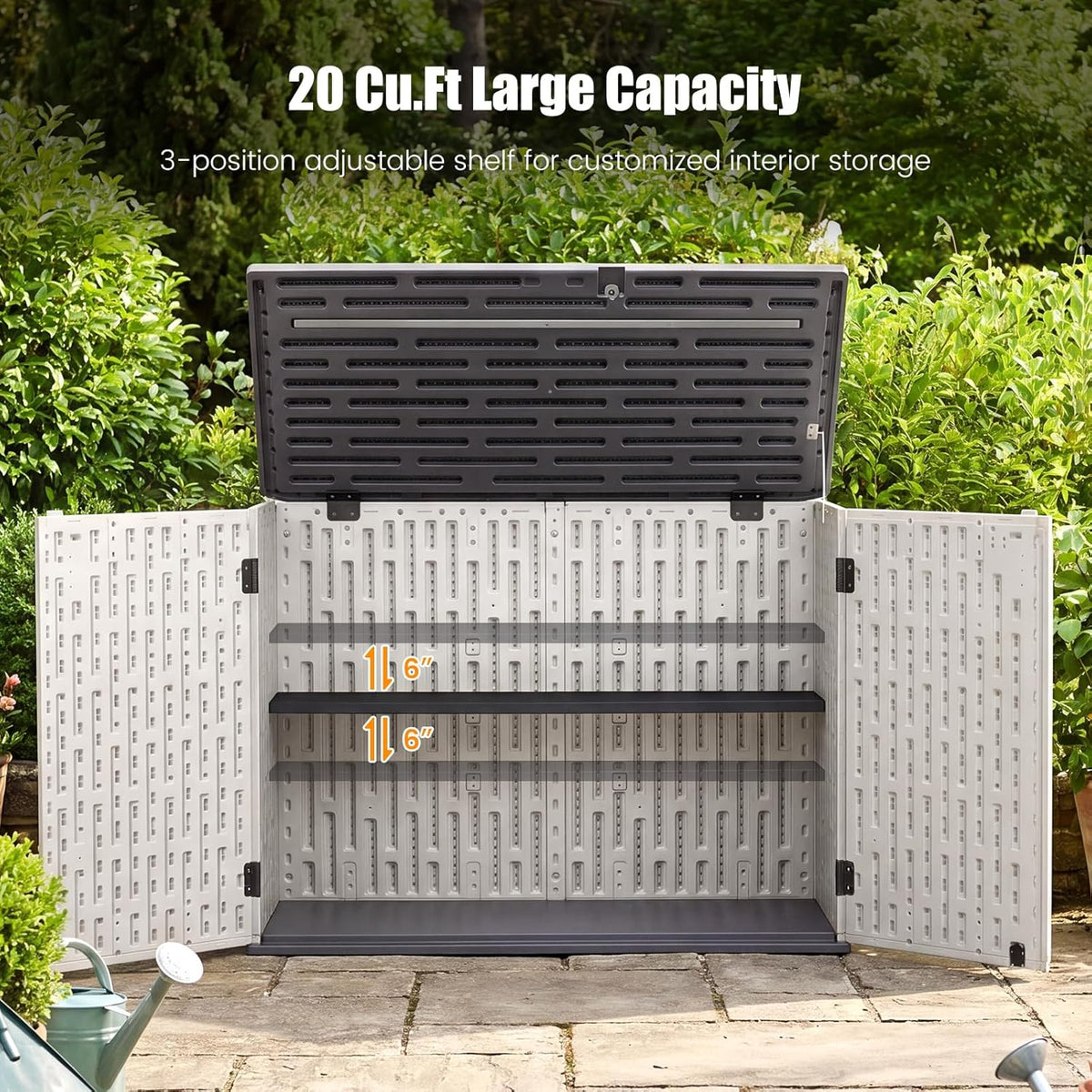 Tangkula Large Outdoor Storage Cabinet, 20 Cu.Ft Horizontal Resin Storage Shed with Adjustable Shelf & Lockable Doors, Weatherproof Patio Storage Box for Gardening Tools Cushions (White)