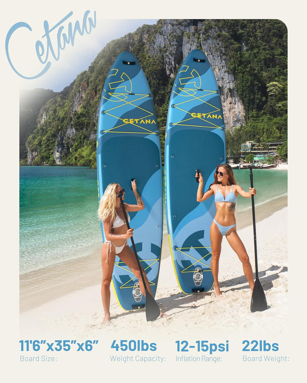 CETANA 11'6” x 35” Extra Wide Inflatable Paddle Board, 450 lb Capacity Wide Stable SUP, 2–3 Person Paddle Board for Photos, Aesthetic Photo-Ready Design, Beginner Friendly Stand Up Paddle Board
