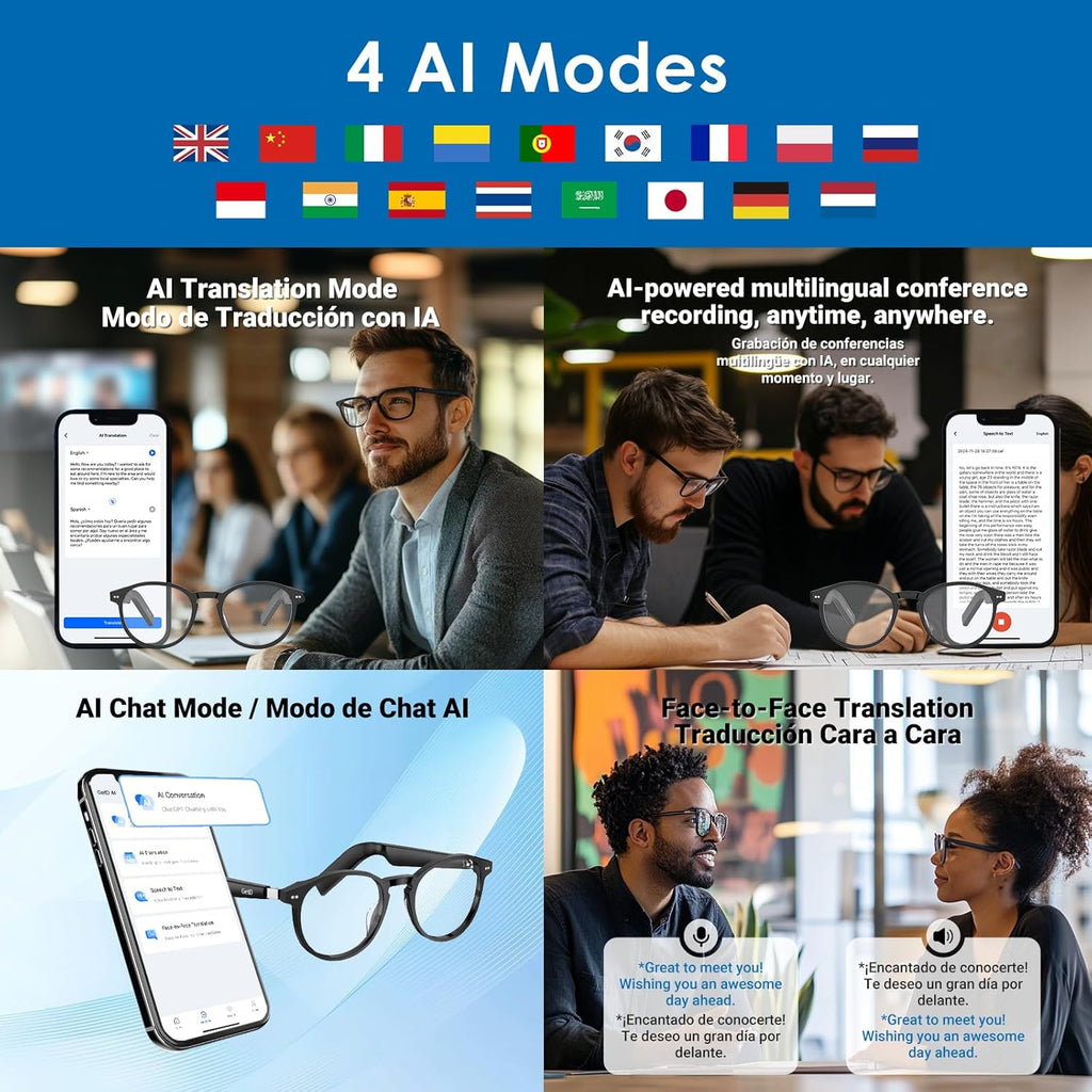 GetD AI Glasses for Men & Women, Smart Glasses Powered by ChatGPT, AI Real-time Translation with 145 Languages, 11H Music Play, Bluetooth Glasses with Anti-Blue Light Lens for Daily Use, Travel