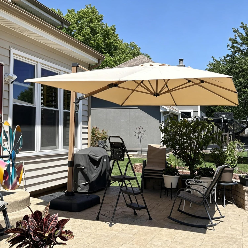 PURPLE LEAF 10' x 13' Rectangle Patio Cantilever Umbrella Large Hanging Umbrella Teak Finished Aluminum Frame Windproof Offset Outdoor Sun Umbrellas for Beach Pool Deck, Beige