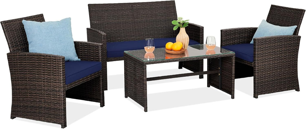 Best Choice Products 4-Piece Outdoor Wicker Patio Conversation Furniture Set for Backyard w/Coffee Table, Seat Cushions - Brown/Navy