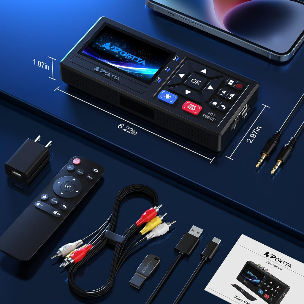 Portta VHS to Digital Converter with 128GB USB3.0 Flash Drive, Video to Digital Recorder, Compatible with VHS, VCR, DVR, DVD, Hi8, Mini DV, Gaming Consoles (VCR, VHS/DVD Player, Camcorder Required)