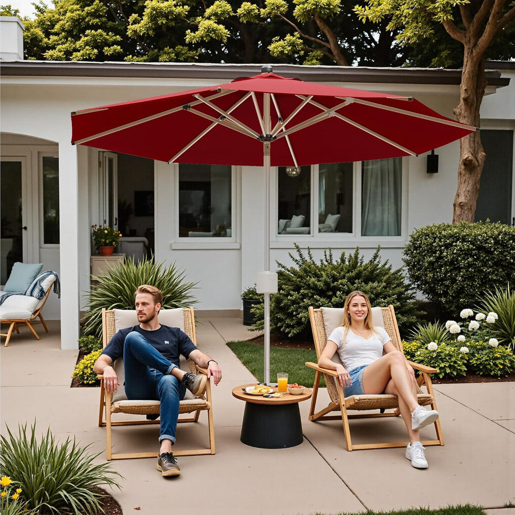 Patiowell 9 FT Motorized Patio Umbrella, Remote Outdoor Umbrella with Heavy Duty Aluminum Frame, Removable Power Bank and Push Button Tilt for Backyard, Pool, Garden, Beach, Burgundy Red