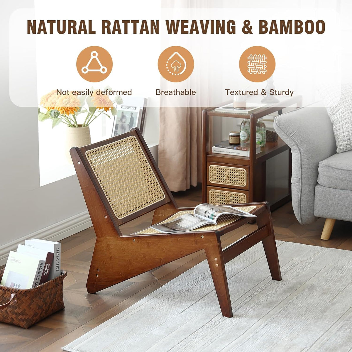 Welnow Mid Century Rattan Accent Chair, Bamboo Wood Lounge Chair with Woven Cane Backrest, Low Armchair for Living Room, Bedroom, Balcony or Reading Corner, Walnut