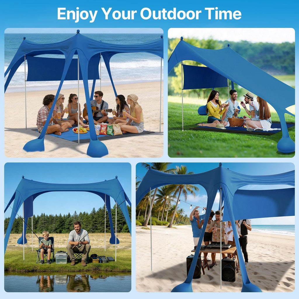 Suteck Beach Tent Sun Shelter with Sidewall, Easy Set Up 10x10ft Beach Canopy, Outdoor Sun Shade with UPF 50+UV Protection, 8 Sandbags, 4 Stability Poles for Camping, Fishing or Picnics(Navy Blue)