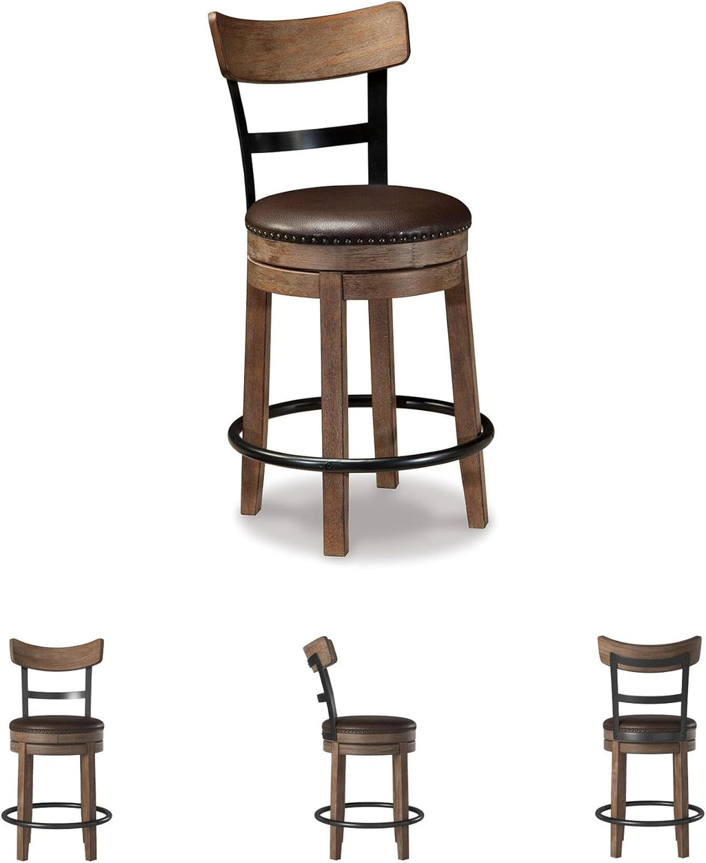 Signature Design by Ashley Pinnadel Bar Stool, Swivel Counter Height Stool Chair With Faux Leather Seat, Wood and Metal Frame for Kitchen Island With Seating, Light Brown