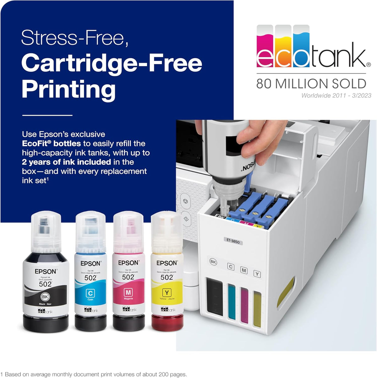 Epson EcoTank ET-3850 Wireless Color All-in-One Cartridge-Free Supertank with Scanner Copier, ADF and Ethernet â€“ The Perfect Printer Home Office,White