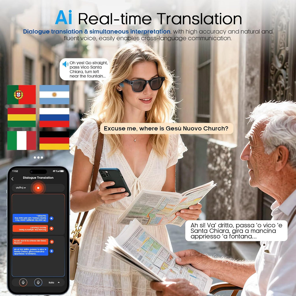 Nemheng AI Smart Glasses with 800mp Camera – Real-Time Translation in 139 Languages,1200p Video Recording,Open-Ear Audio,Object Recognition for iOS Android