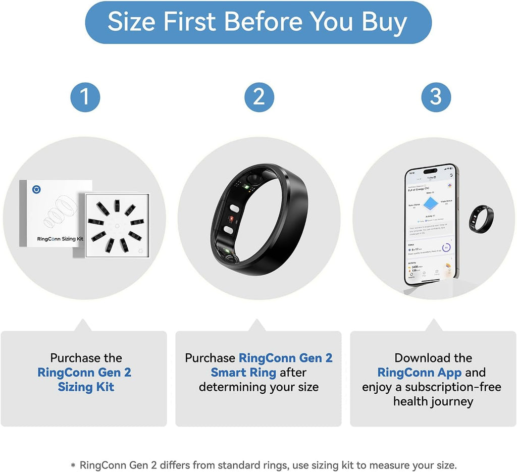 RingConn Gen 2, World's First Smart Ring with Sleep Apnea Monitoring, No APP Subscription, 12-Day Battery Life, Stress/Heart Rate/Women's Health Tracker, Android & iOS Compatible (Black, Size 11)