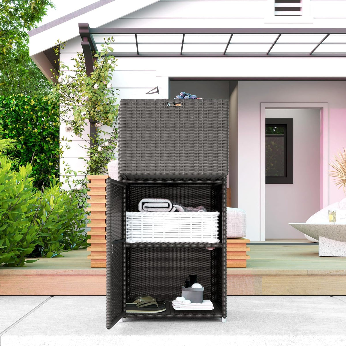Outsunny Outdoor Towel Rack & Pool Storage Cabinet/Hot Tub Accessory Storage, Waterproof PE Rattan Cabinet & Basket Drawer for Indoor, Swimming Pool, Spa, 24"x24"x47", Dark Brown