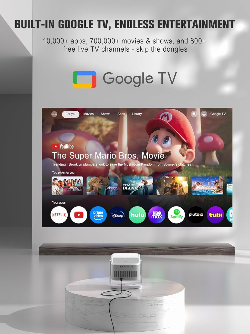 【Official Licensed Google TV】4K Smart Projector with WiFi and Bluetooth, VOPLLS Outdoor Projectors with Dolby/Auto Focus, Portable Movie Phone Wireless Gaming Wifi Proyector for Bedroom/Home/Celling