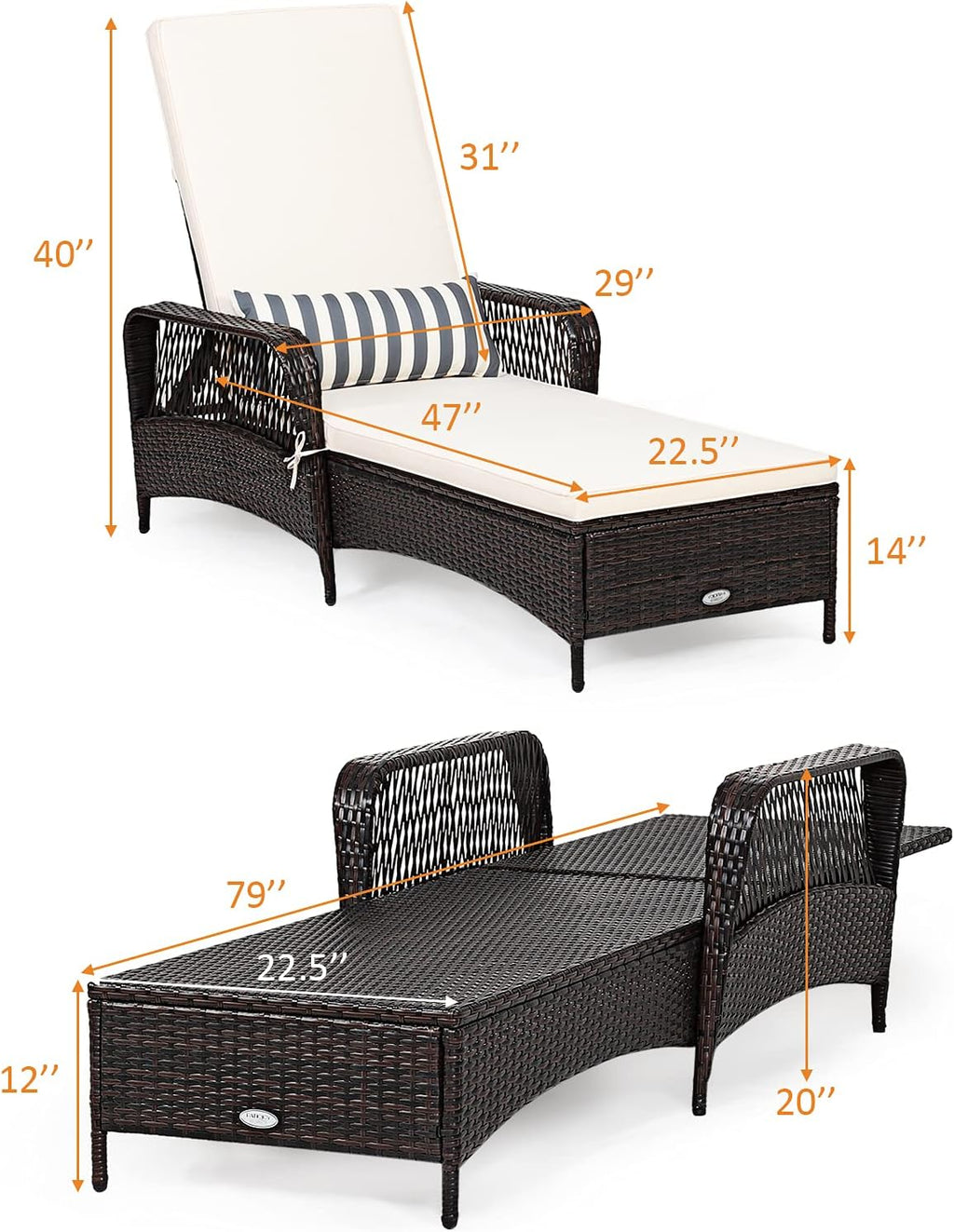COSTWAY PE Rattan Chaise Lounge Chair, 6 Gear Adjustable Recliner with Armrest & Pillow, Wicker Outdoor Furniture for Deck, Patio (1, Brown)