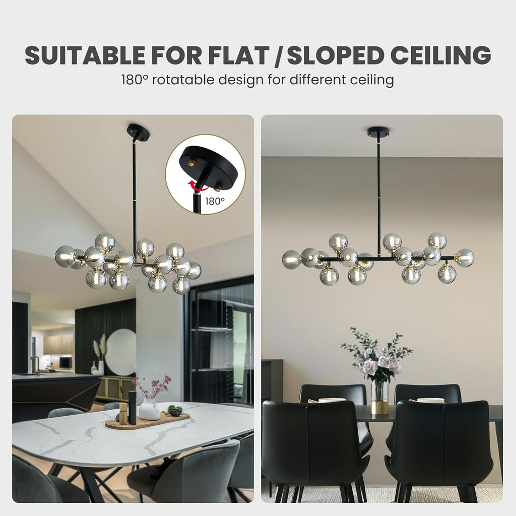 16 Lights Mid Century Modern Chandelier Black Linear Chandelier Light Fixtures Glass Globe Sputnik Pendant Light for Dining Room Kitchen Island (Smoke Gray Lampshade)