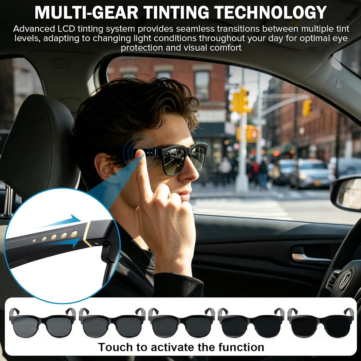 Smart Bluetooth Sunglasses with Electrochromic Lenses, Multi-Level Tint Control for Driving, Travel, Fishing, Daily Use, Open-Ear Audio Speakers, Bluetooth 5.4, Unisex High Tech Gift