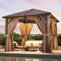 Aoxun 10'x10' Hardtop Gazebo, Outdoor Metal Gazebo with Polycarbonate Roof Canopy, Permanent Pavilion with Netting and Curtains for Lawn, Garden, Patio (Khaki, Single Roof)