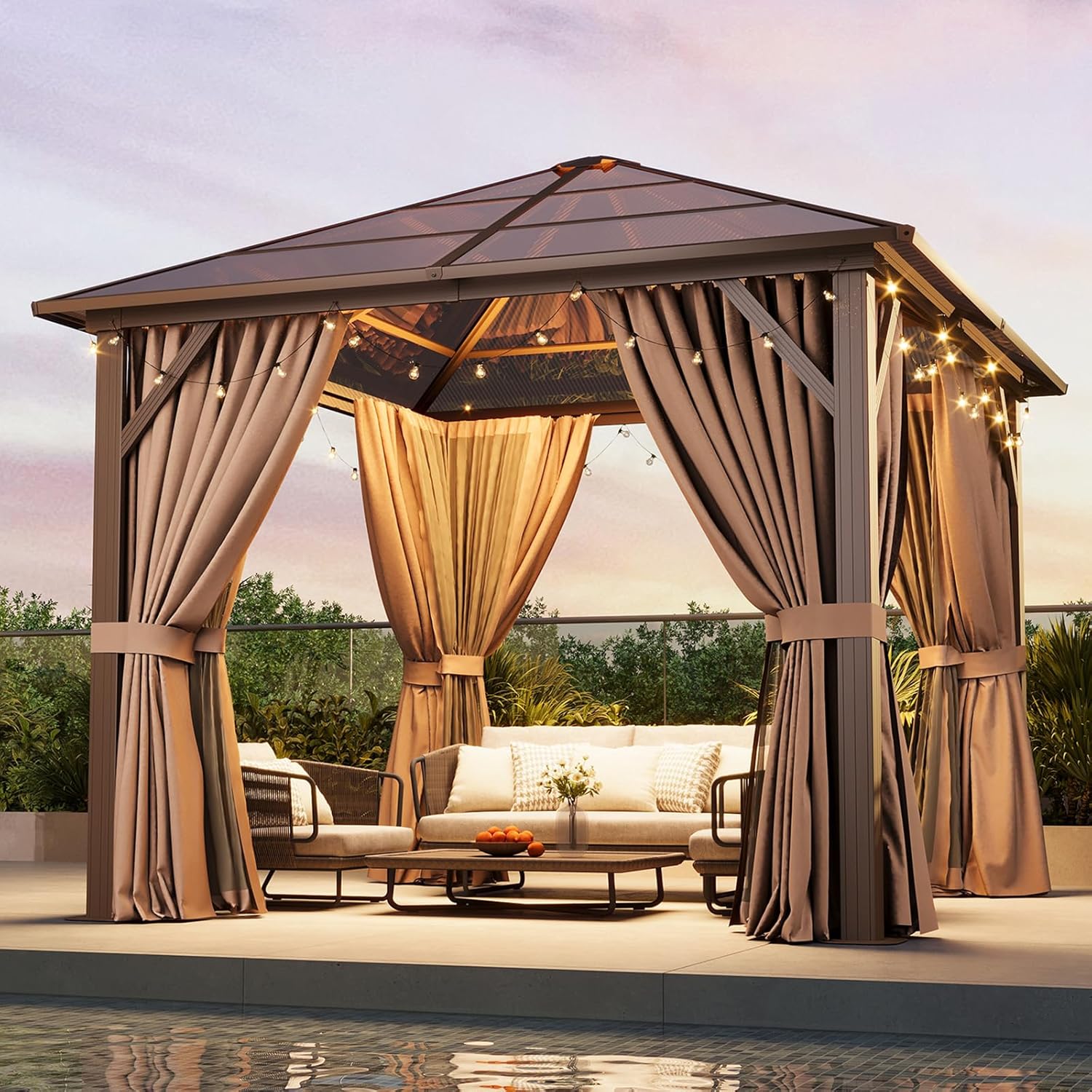 Aoxun 10'x10' Hardtop Gazebo, Outdoor Metal Gazebo with Polycarbonate Roof Canopy, Permanent Pavilion with Netting and Curtains for Lawn, Garden, Patio (Khaki, Single Roof)