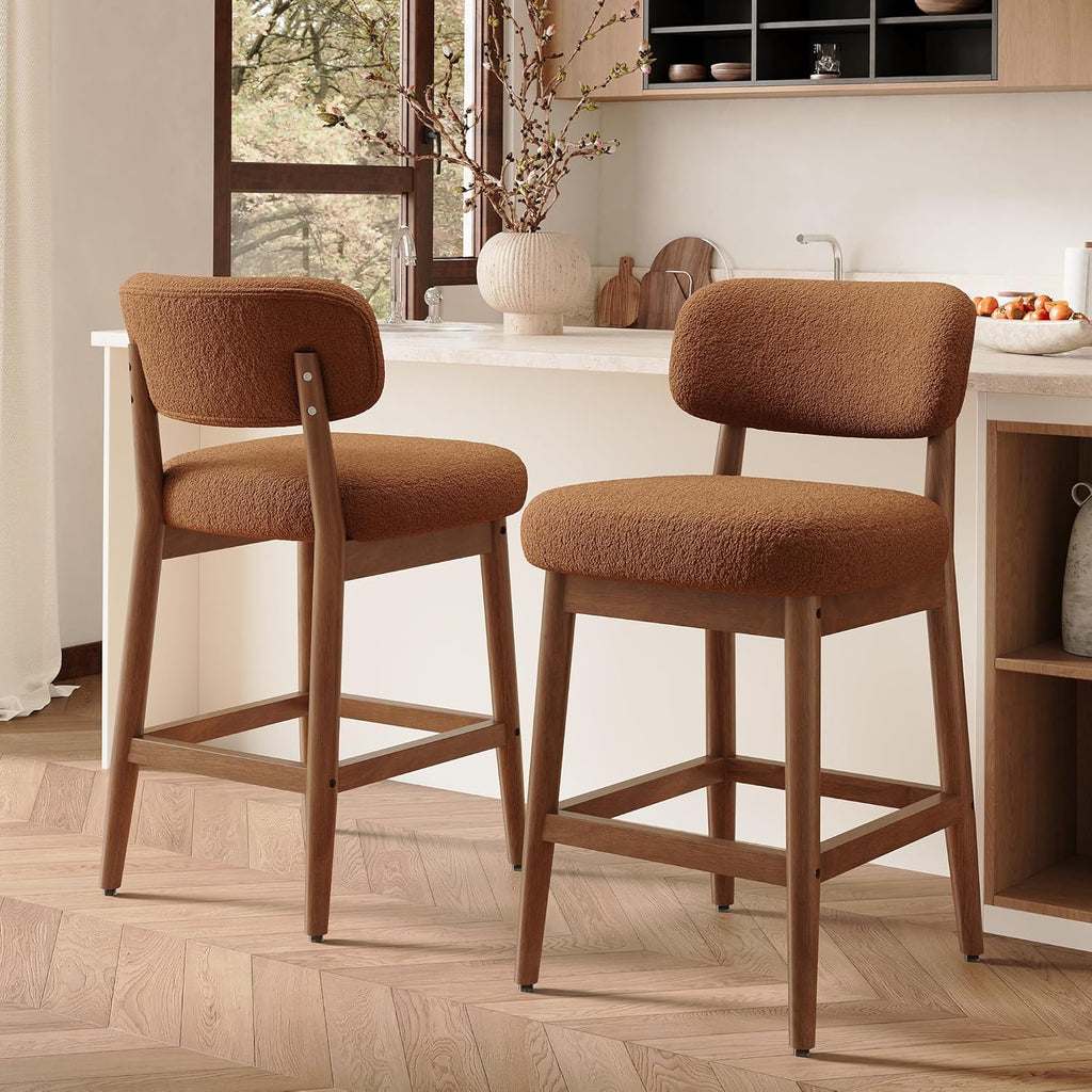 Counter Height Bar Stools Set of 2, Mid-Century Modern Boucle Bar Chairs with Solid Wood Frame, Upholstered Stools with Backrest for Kitchen Island, Home Bar, Caramel Brown