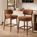 Counter Height Bar Stools Set of 2, Mid-Century Modern Boucle Bar Chairs with Solid Wood Frame, Upholstered Stools with Backrest for Kitchen Island, Home Bar, Caramel Brown