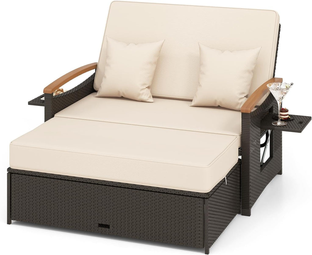 LDAILY Moccha Outdoor Wicker Daybed, Patio Rattan Loveseat Sofa w/ 4-Level Adjustable Backrest, Folding Panels, Storage Ottoman & Cushions, Lounge Furniture Set for Poolside Backyard Porch (Beige)