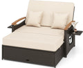 LDAILY Moccha Outdoor Wicker Daybed, Patio Rattan Loveseat Sofa w/ 4-Level Adjustable Backrest, Folding Panels, Storage Ottoman & Cushions, Lounge Furniture Set for Poolside Backyard Porch (Beige)
