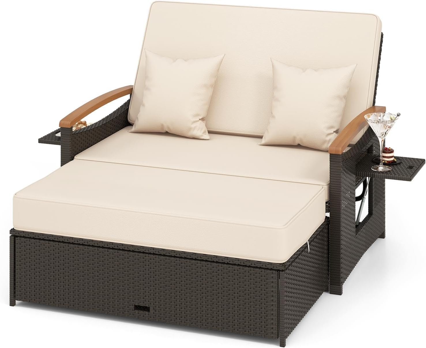 LDAILY Moccha Outdoor Wicker Daybed, Patio Rattan Loveseat Sofa w/ 4-Level Adjustable Backrest, Folding Panels, Storage Ottoman & Cushions, Lounge Furniture Set for Poolside Backyard Porch (Beige)