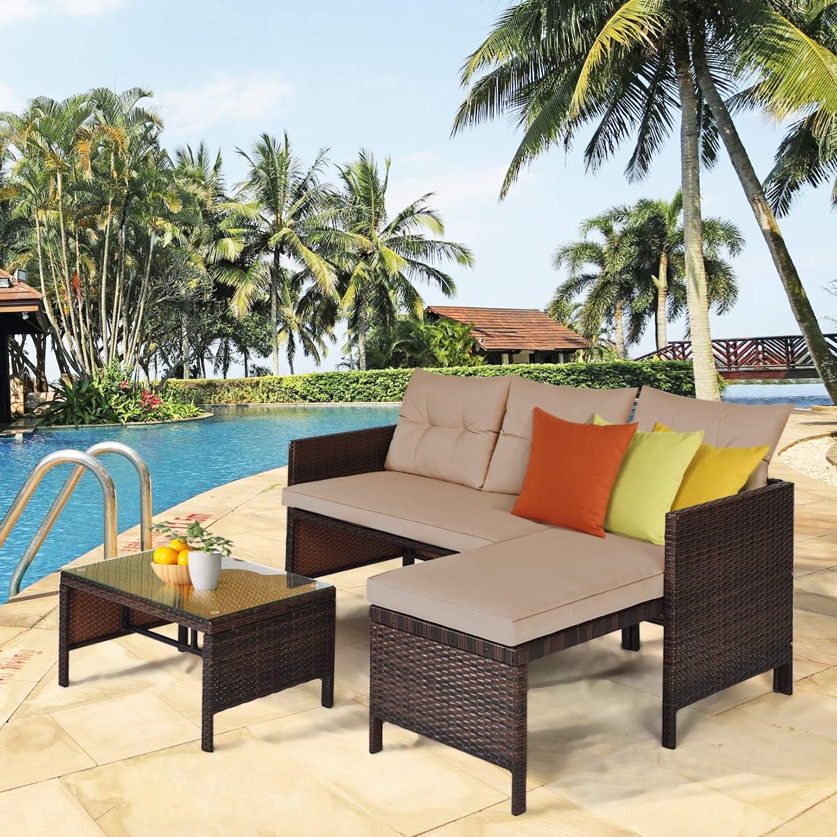 HAPPYGRILL 3-Piece Outdoor Rattan Sectional Sofa Set Patio Wicker Rattan Conversation Furniture Set, Steel Frame & Seat Cushion, Perfect for Garden Lawn Pool Backyard