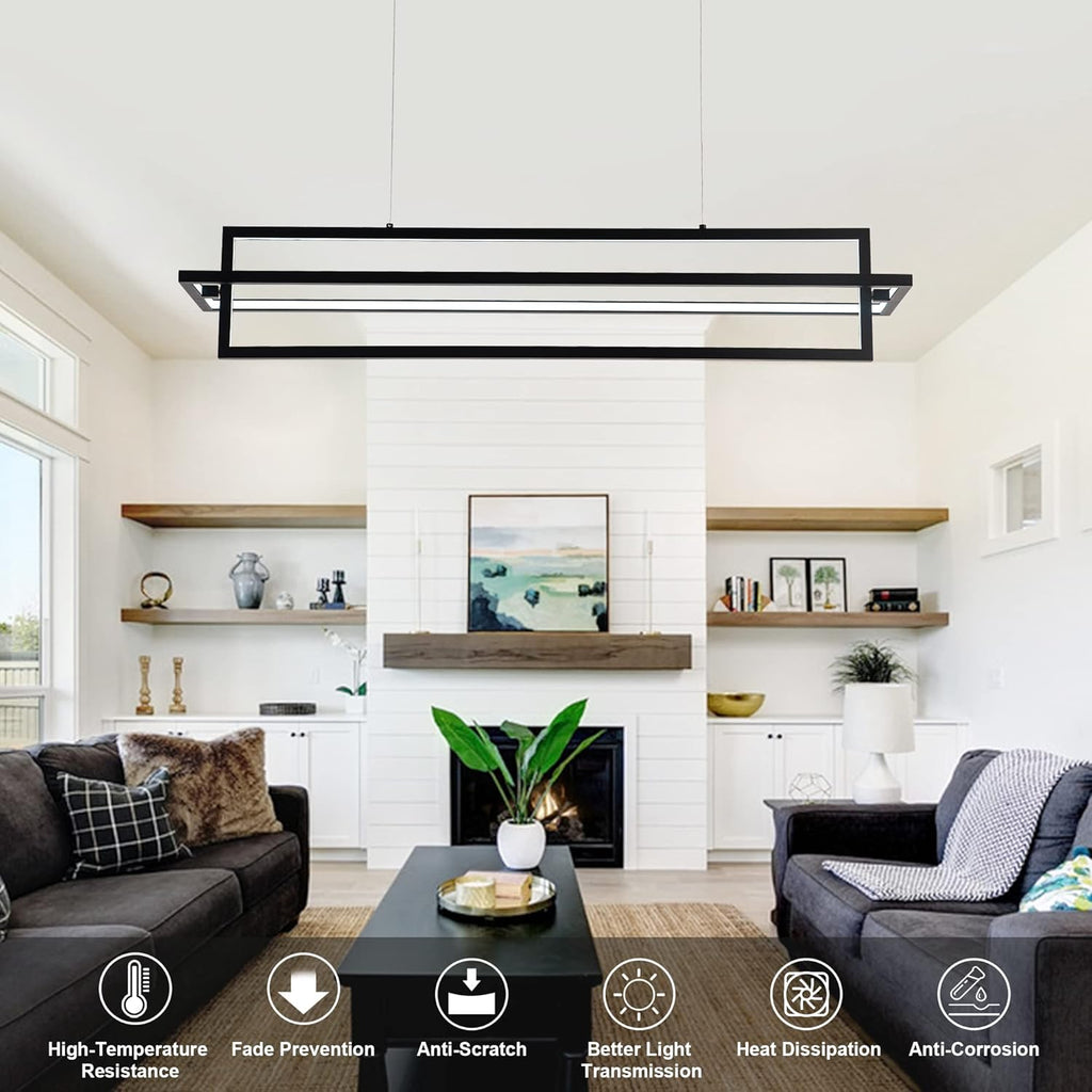 Modern LED Linear Rectangle Chandelier Dimmable 35.4” Kitchen Island Lighting, Contemporary Hanging Linear Led Pendant Chandelier Light Fixture for Dining Room Hallway Bar Black