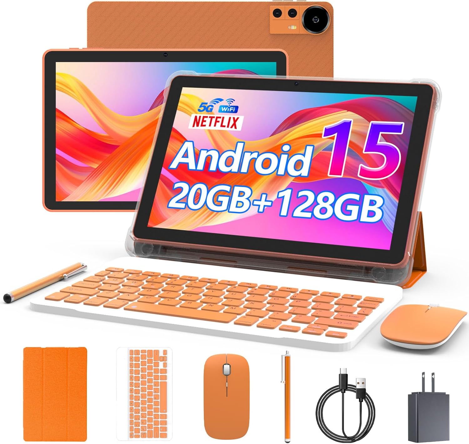 CUPEISI Android 15 Tablet 10 Inch, 20GB RAM+128GB ROM/2TB Expandable, 2.0GHz Quad-core Processor, 1280*800 HD Screen, 5G WiFi6 BT5.0, 2 in 1 Tablets with Keyboard Case Mouse Stylus, Widevine L1 Orange