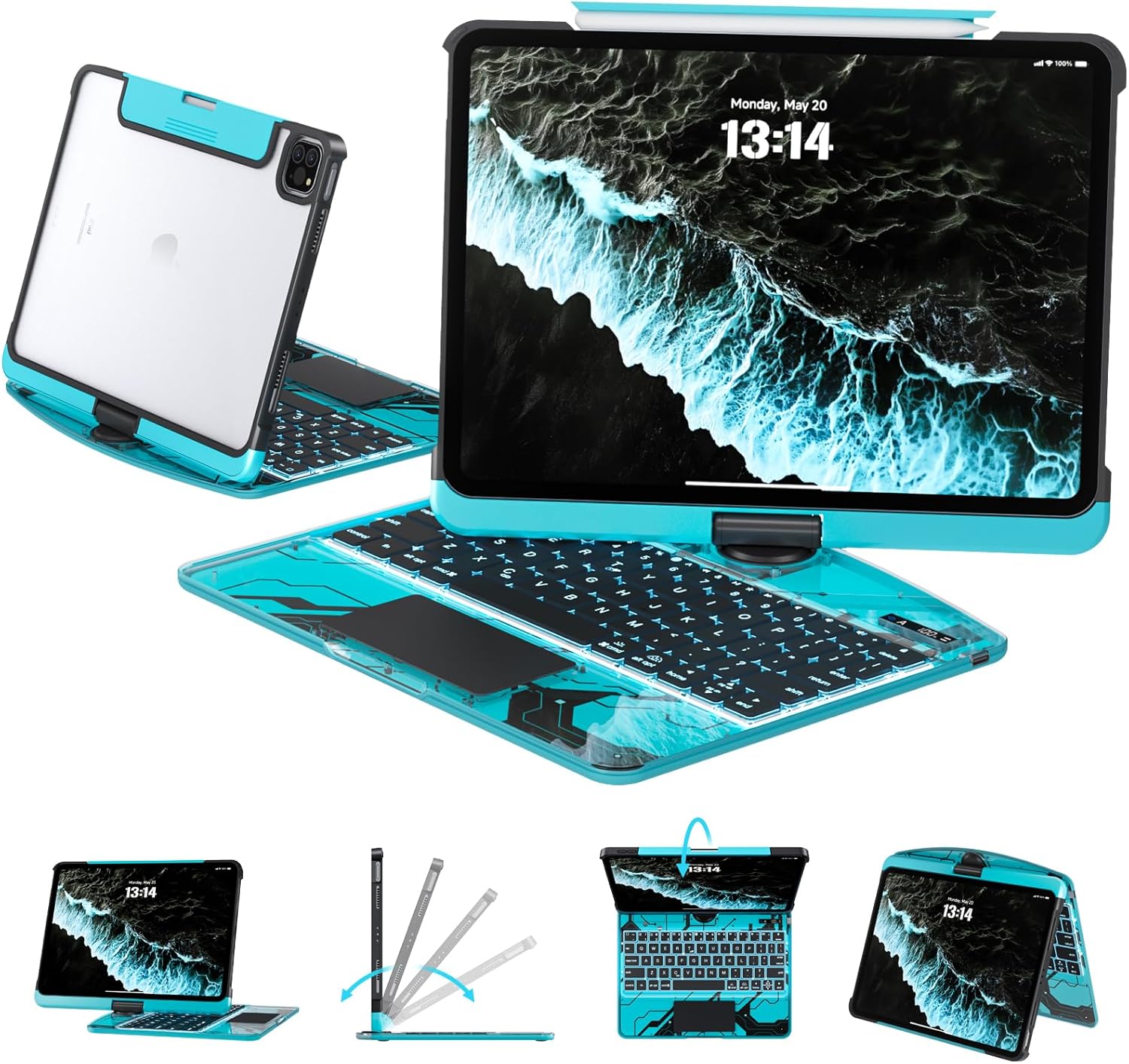 Transparent Case with Keyboard for iPad Pro 13 inch(M5/M4, 2025/2024), iPad Pro 13,7-Color Backlit,Magic Wireless Keyboard, 360°Rotating,Multi-Touch trackpad,Pencil Holder,with Shortcuts,Blue