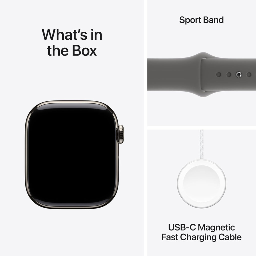 Apple Watch Series 10 GPS + Cellular 42mm with Natural Titanium Case with Stone Grey Sport Band - M/L. Fitness Tracker, ECG App, Always-On Retina Display, Water Resistant with AppleCare+ (2 Years)
