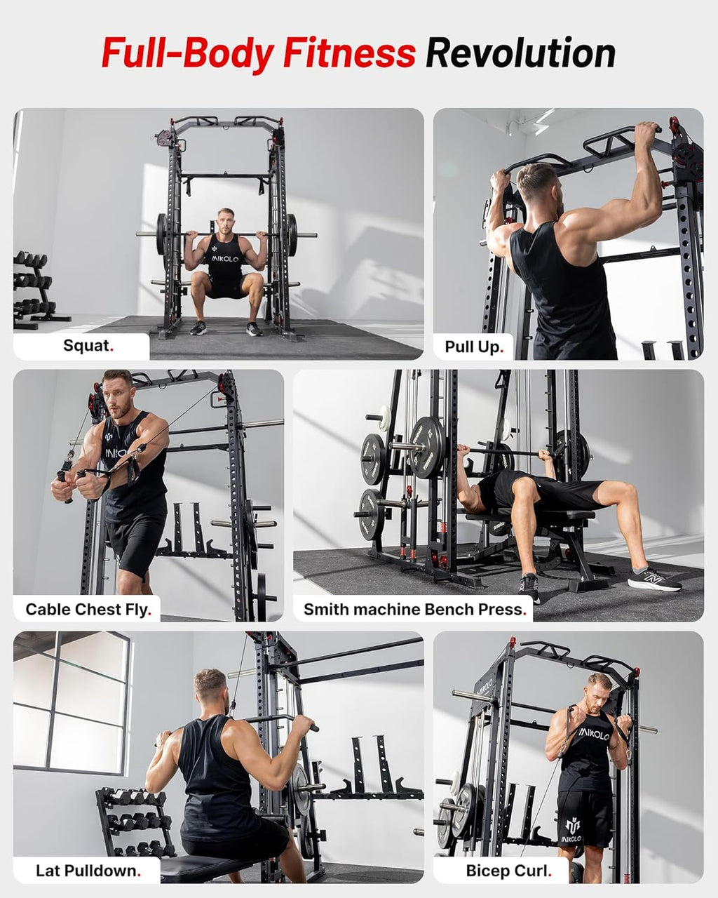 Mikolo M4 2.0 Standard/Ultra/Elite Smith Machine, 2200lbs Squat Rack with LAT-Pull Down System & Cable Crossover Machine, Training Equipment with Leg Hold-Down Attachment