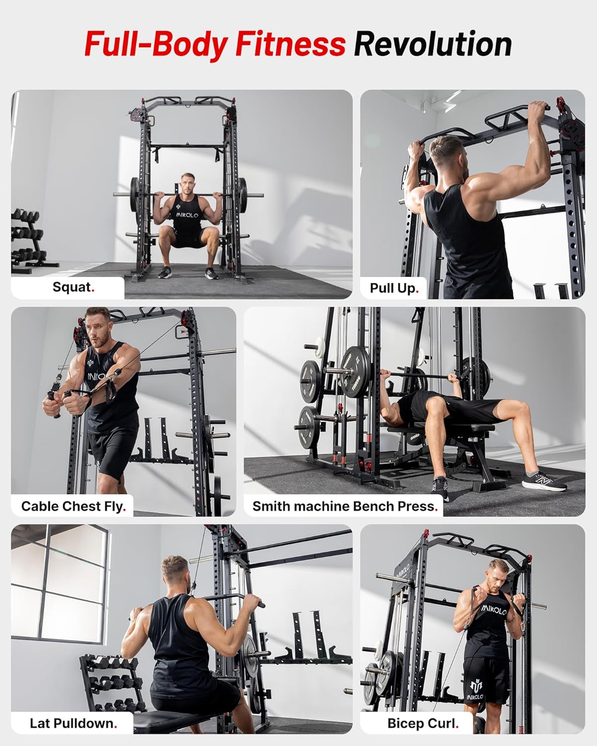 Mikolo M4 2.0 Standard/Ultra/Elite Smith Machine, 2200lbs Squat Rack with LAT-Pull Down System & Cable Crossover Machine, Training Equipment with Leg Hold-Down Attachment