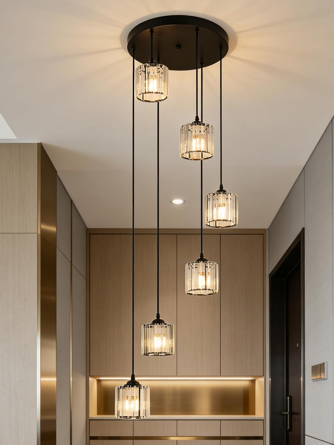 Long Chandeliers for High Ceilings,Modern Crystal Pendant Light,Raindrop Drop Lamp,Hanging Flush Mount Lighting Fixtures for Spiral Staircase,Foyer,Entryway,Living Room,Black (6 Lights)
