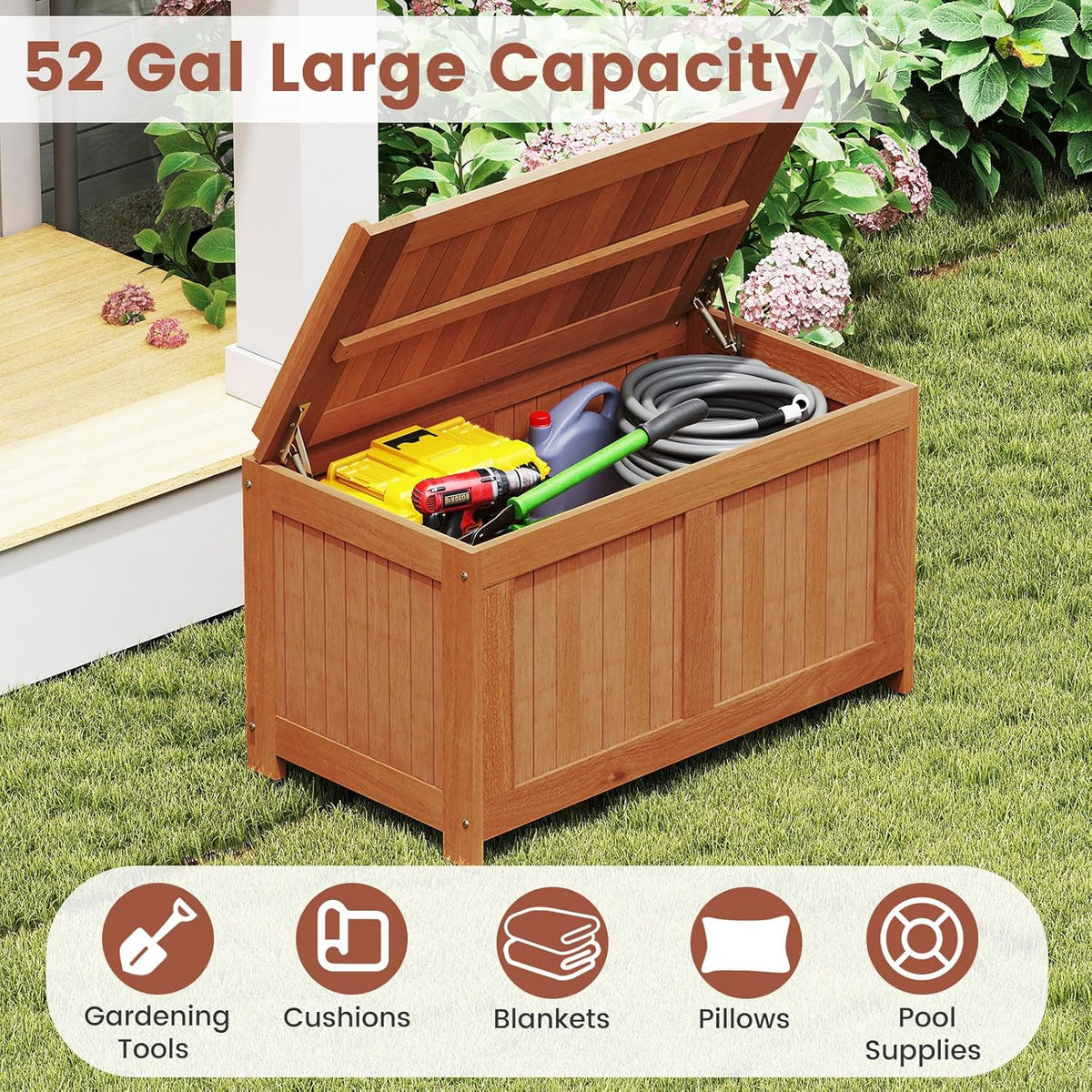 Tangkula 52 Gallon Wood Outdoor Storage Box, 3-in-1 Patio Storage Bench with Flip Top for Cushions, Pool Supplies, Gardening Tools, Outdoor Deck Box for Garden, Backyard, Poolside