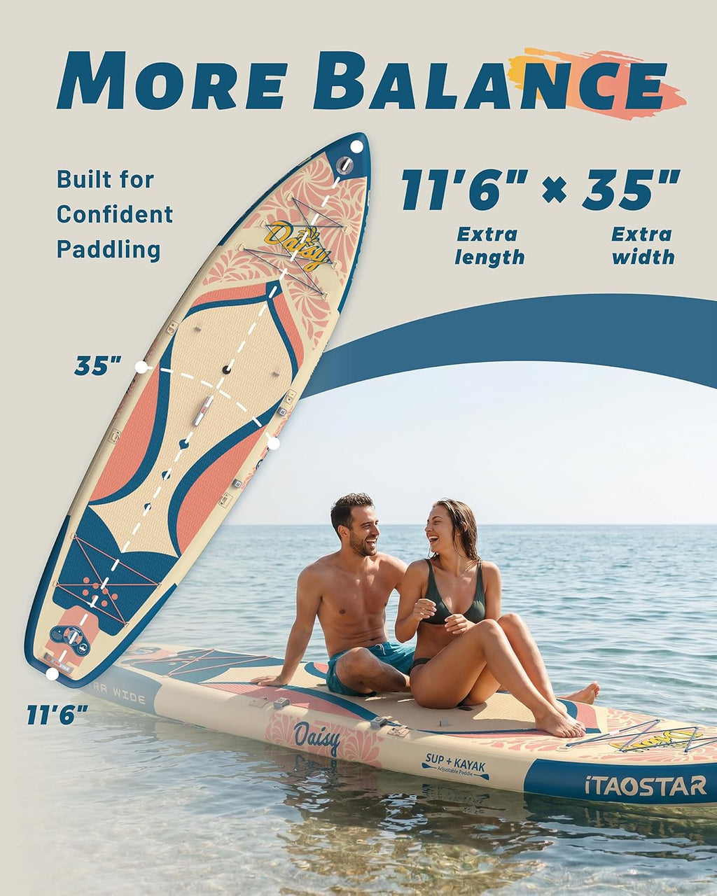 iTAOSTAR Daisy 11'6' × 35” Extra Wide Paddle Board with Seat, One-Stop Premium SUP Board Accessories, Tailored 5 Fins, Stable Stand Up Paddle Boards for Youth of All Skill Levels