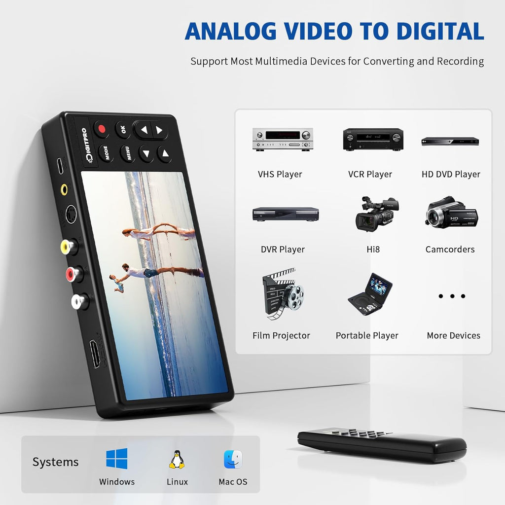 VHS to Digital Converter 3.0, 5” HD Video to Digital Recorder, Convert Video & Audio from Analog VCR, DVR, DVD, Hi8, Mini DV, Camcorder Cassette Tapes (Tapes/DVD Player Needed)