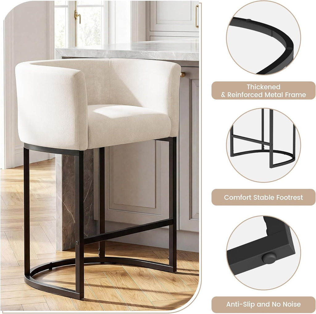 GRUSIGN Chenille Counter Height Bar Stools Set of 2, 26" Kitchen Island Stools with Arms & Footrest, Upholstered Barrel Back Bar Chairs for Kitchen . Dining Room, Bar & Lounge Area, 450 lbs, Off-White