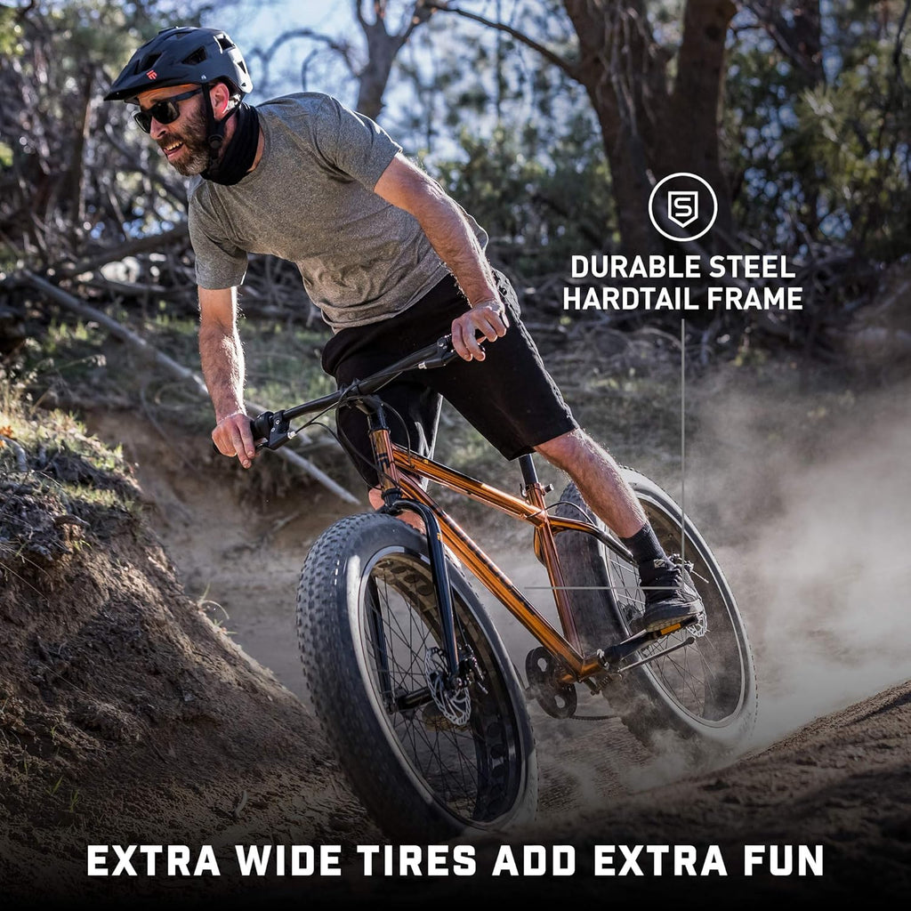 Mongoose Argus Trail or ST Fat Tire Mountain Bike, 20, 24 or 26 Inch Bike for Kids and Adults, 7 or 16 Speed, Aluminum or Steel Frame, Knobby Mountain Fat Tires, Mechanical Disc Brakes