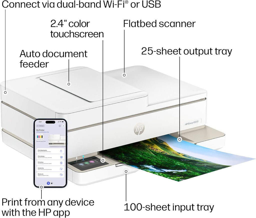 HP Envy 6555 Wireless All-in-One Color Inkjet Printer, Print, Scan, Copy, Duplex Printing Best-for-Home, 3 Month Trial of Instant Ink Included, AI-Capable (C2XR6A) Portobello