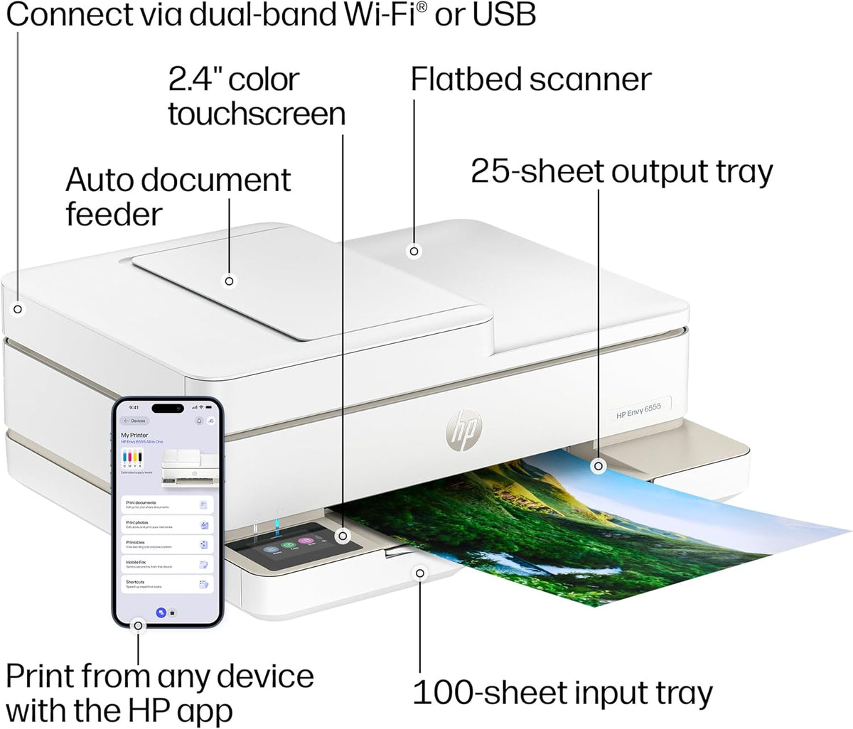 HP Envy 6555 Wireless All-in-One Color Inkjet Printer, Print, Scan, Copy, Duplex Printing Best-for-Home, 3 Month Trial of Instant Ink Included, AI-Capable (C2XR6A) Portobello