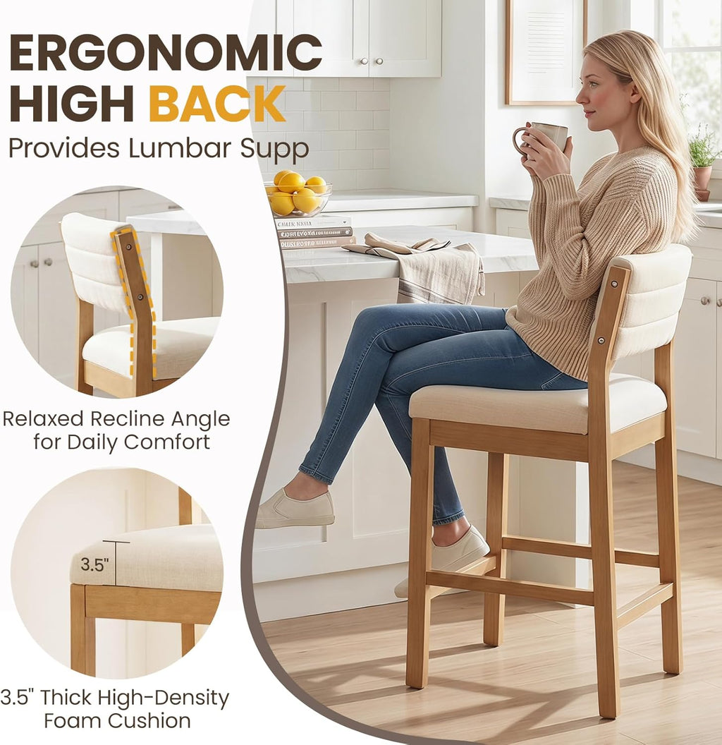 RIVOVA 26" Bar Stools Set of 3 Counter Height Bar Stools for Kitchen Counter, Modern Upholstered Barstools with Back and Wood Legs Linen Stools Farmhouse Island Chairs, Beige