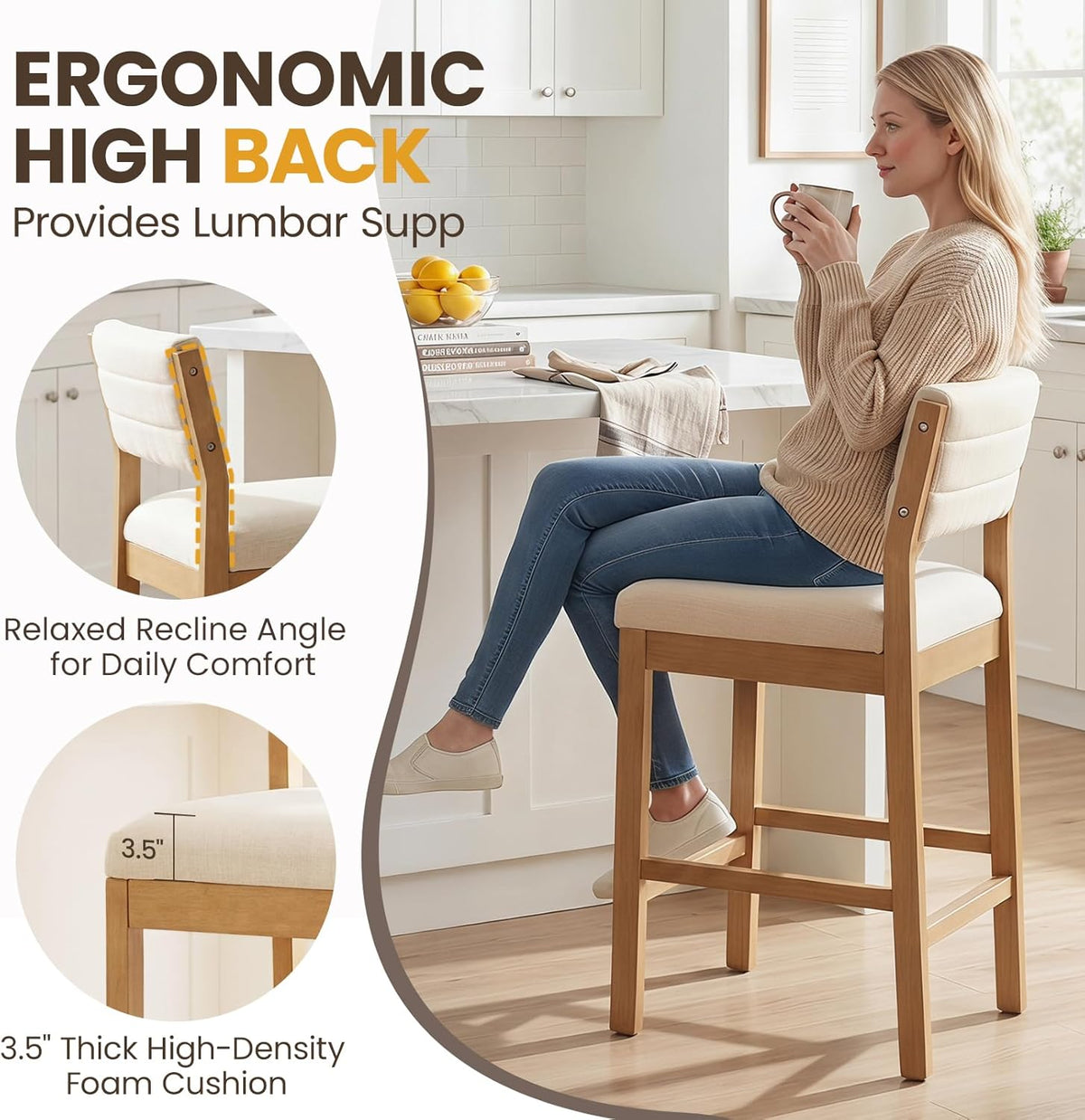 RIVOVA 26" Bar Stools Set of 3 Counter Height Bar Stools for Kitchen Counter, Modern Upholstered Barstools with Back and Wood Legs Linen Stools Farmhouse Island Chairs, Beige