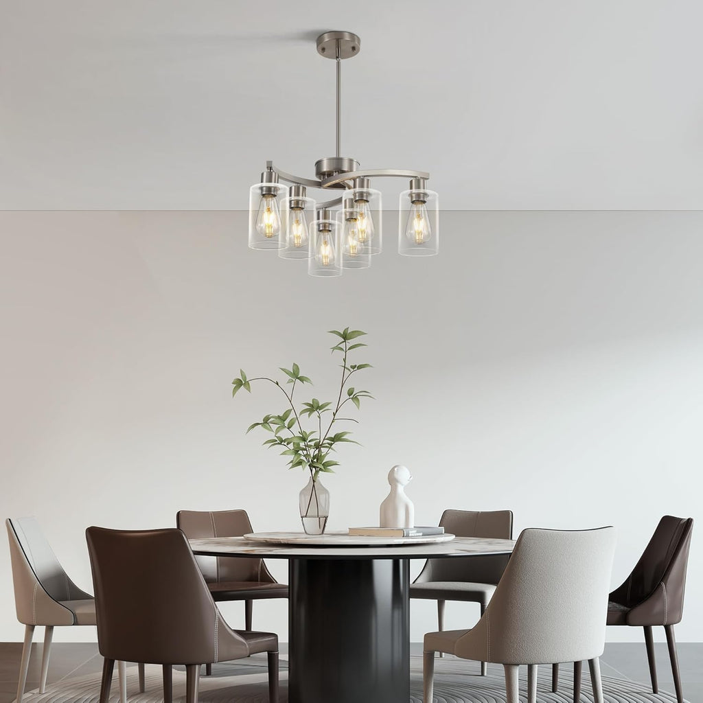 6 Light Modern Brushed Nickel Pendant Light Fixture for Dining Room .Kitchen Pendant Lighting Over Island .Adjustable Height Farmhouse Dining Chandeliers Over Table .with Glass Shade