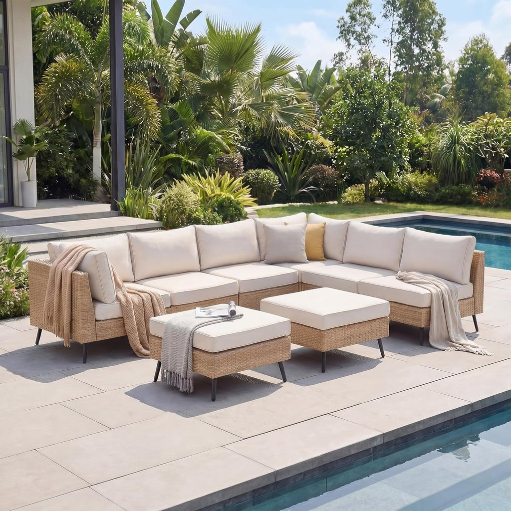 EO Living 8-Piece Patio Furniture Set, Outdoor Sectional Sofa PE Rattan Outdoor Patio Furniture with Thick Cushions, All Weather Patio Conversation Sets for Garden, Poolside, Backyard(Beige)