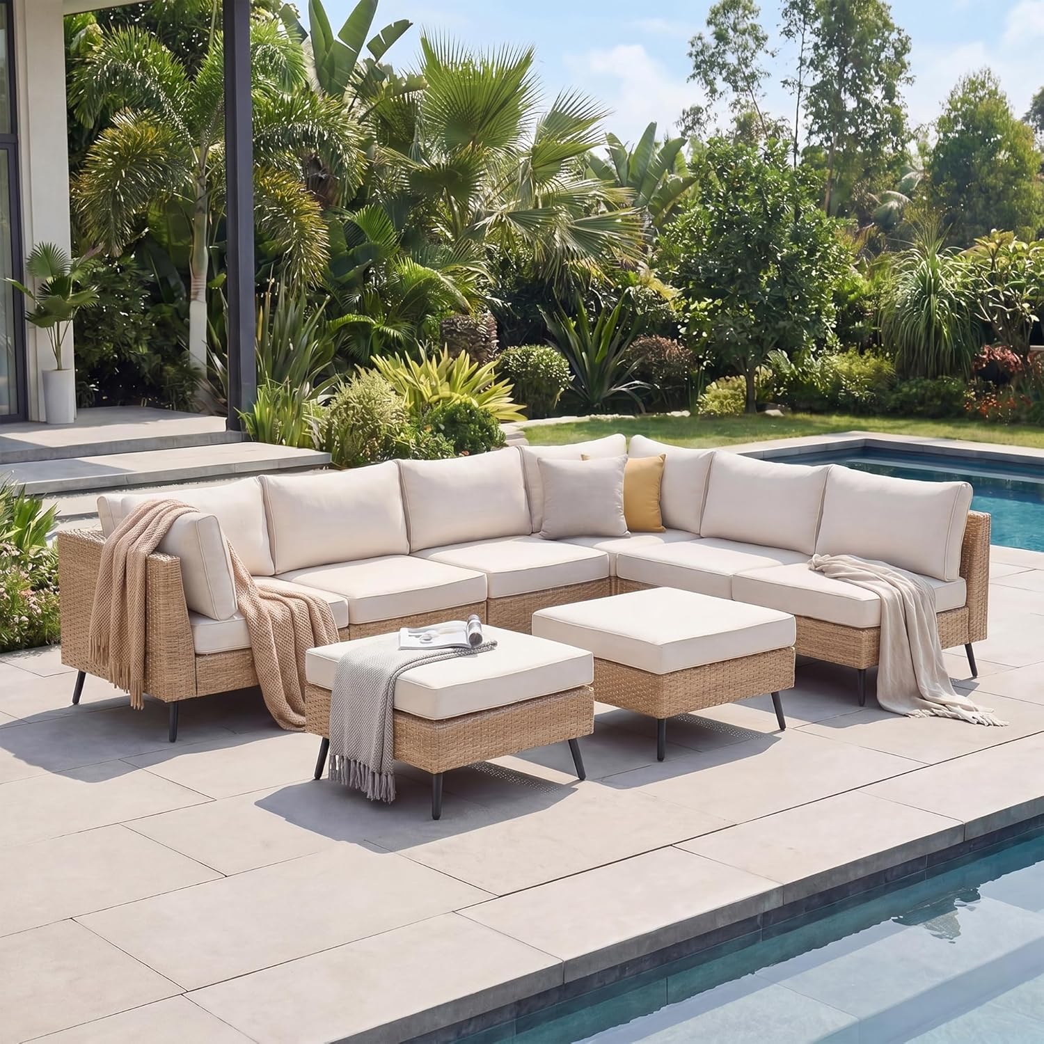 EO Living 8-Piece Patio Furniture Set, Outdoor Sectional Sofa PE Rattan Outdoor Patio Furniture with Thick Cushions, All Weather Patio Conversation Sets for Garden, Poolside, Backyard(Beige)