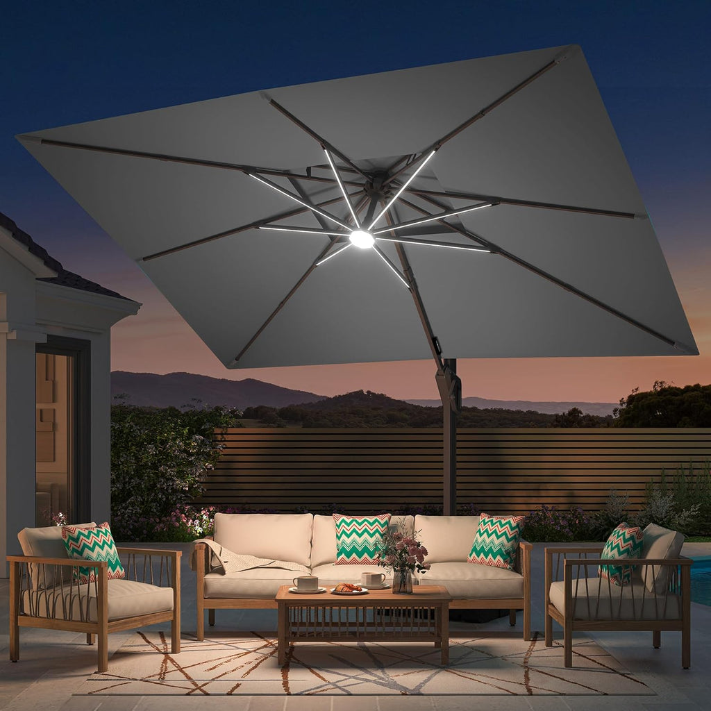 Deconk 10' X 13' Patio Umbrella with LED Lights Outdoor Cantilever Large Rectangle Offset Umbrellas Heavy Duty Aluminum Double Top with 360-degree Rotation for Pool Garden Deck, Grey